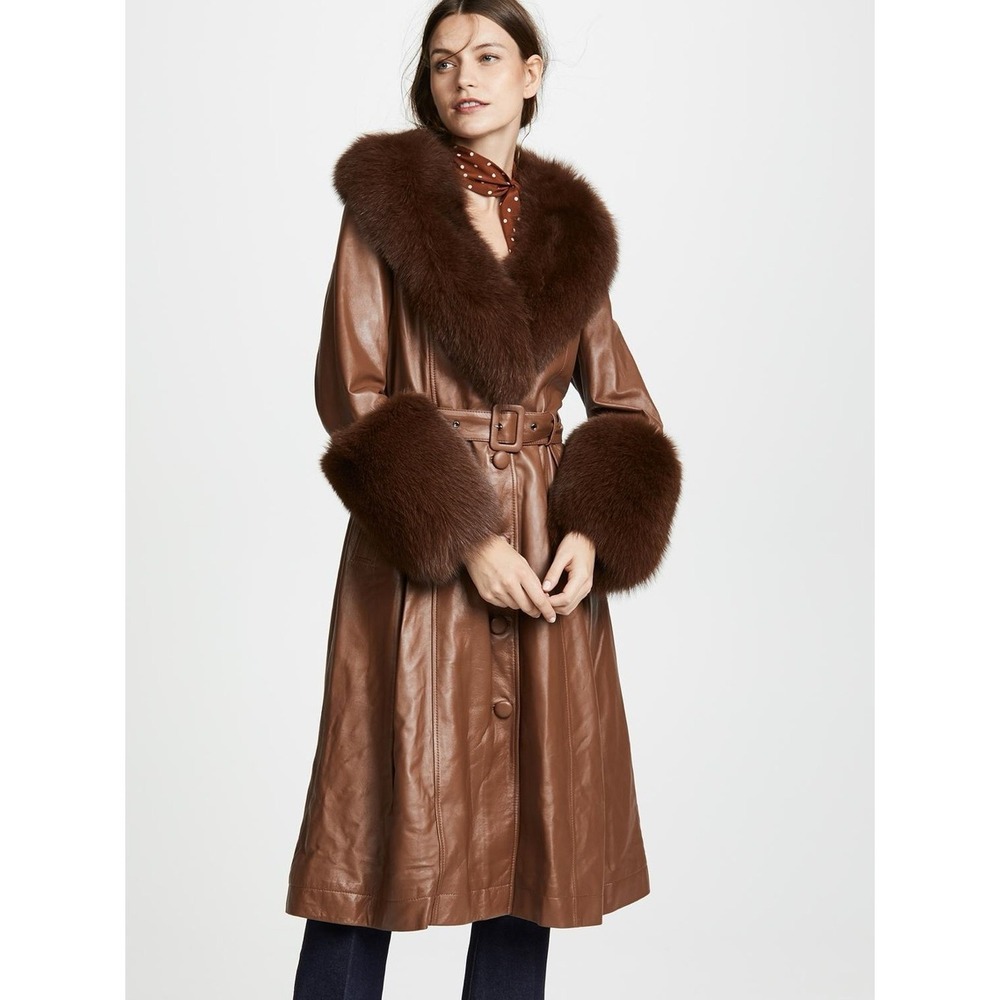 Saks Potts Foxy Walnut Brown Leather Trench Coat Fox Fur Trim Size 2